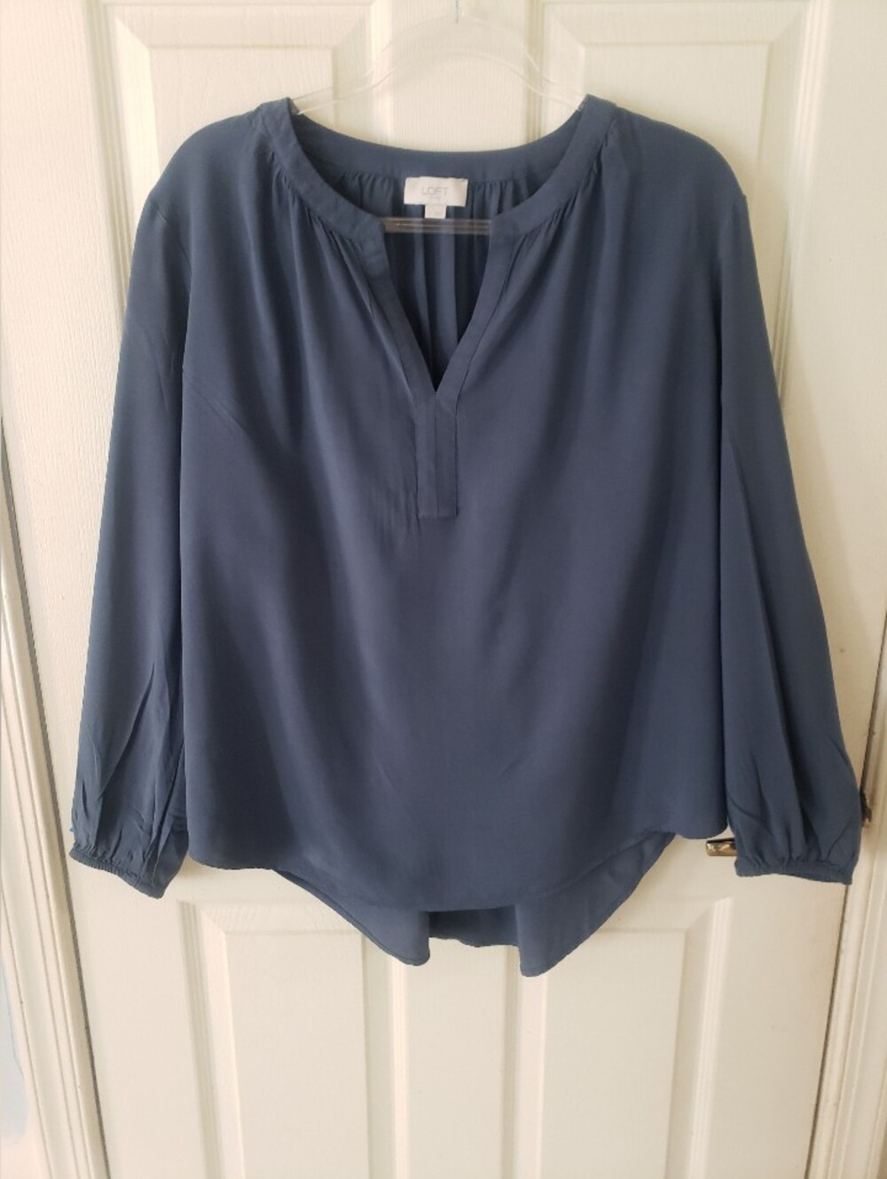 LOFT Outlet Teal Blue Split-Neck Long Sleeve Blouse, Size L